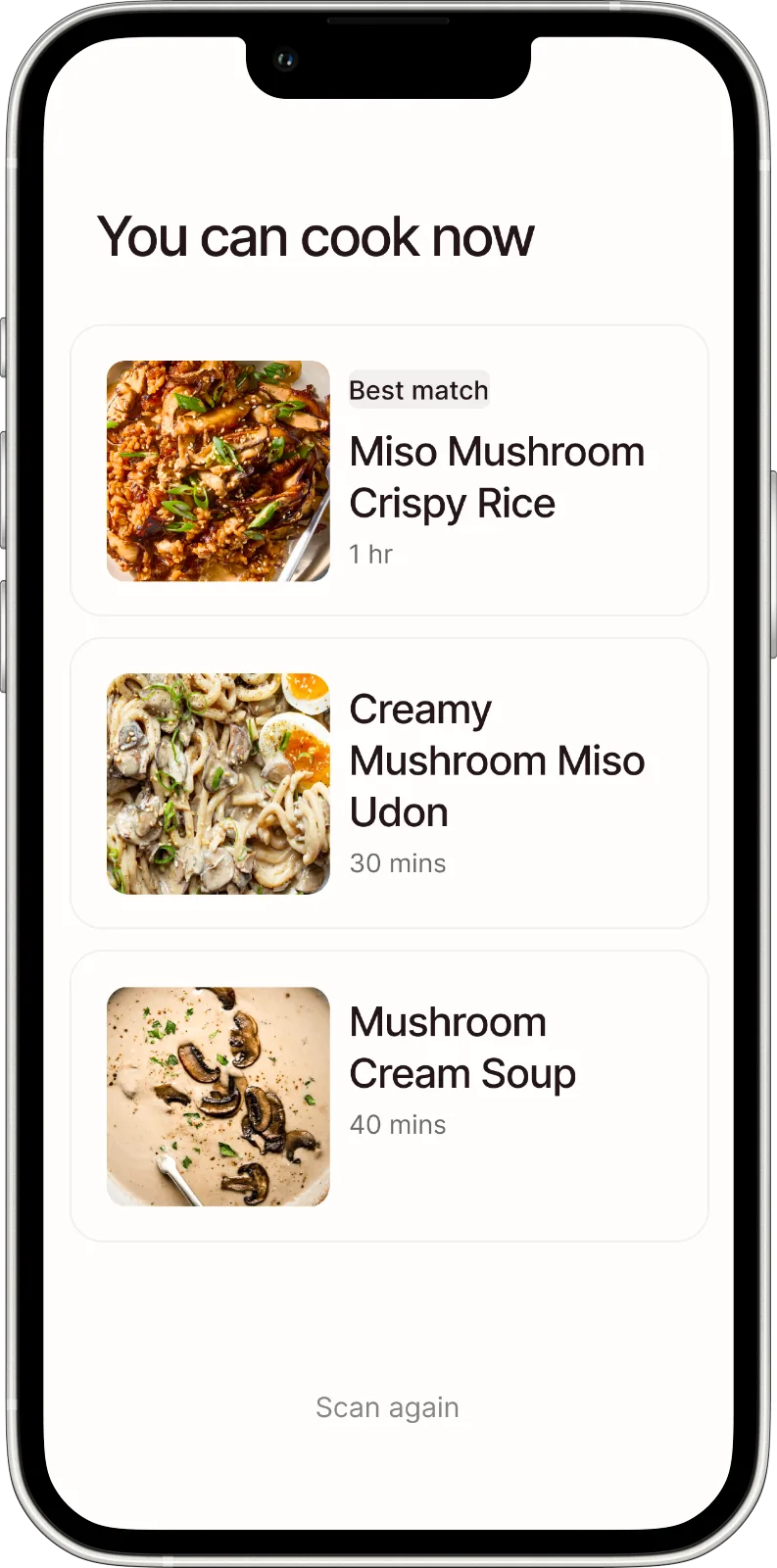 The Rice scan result, listing three recipes you can cook from the ingredients you already have.